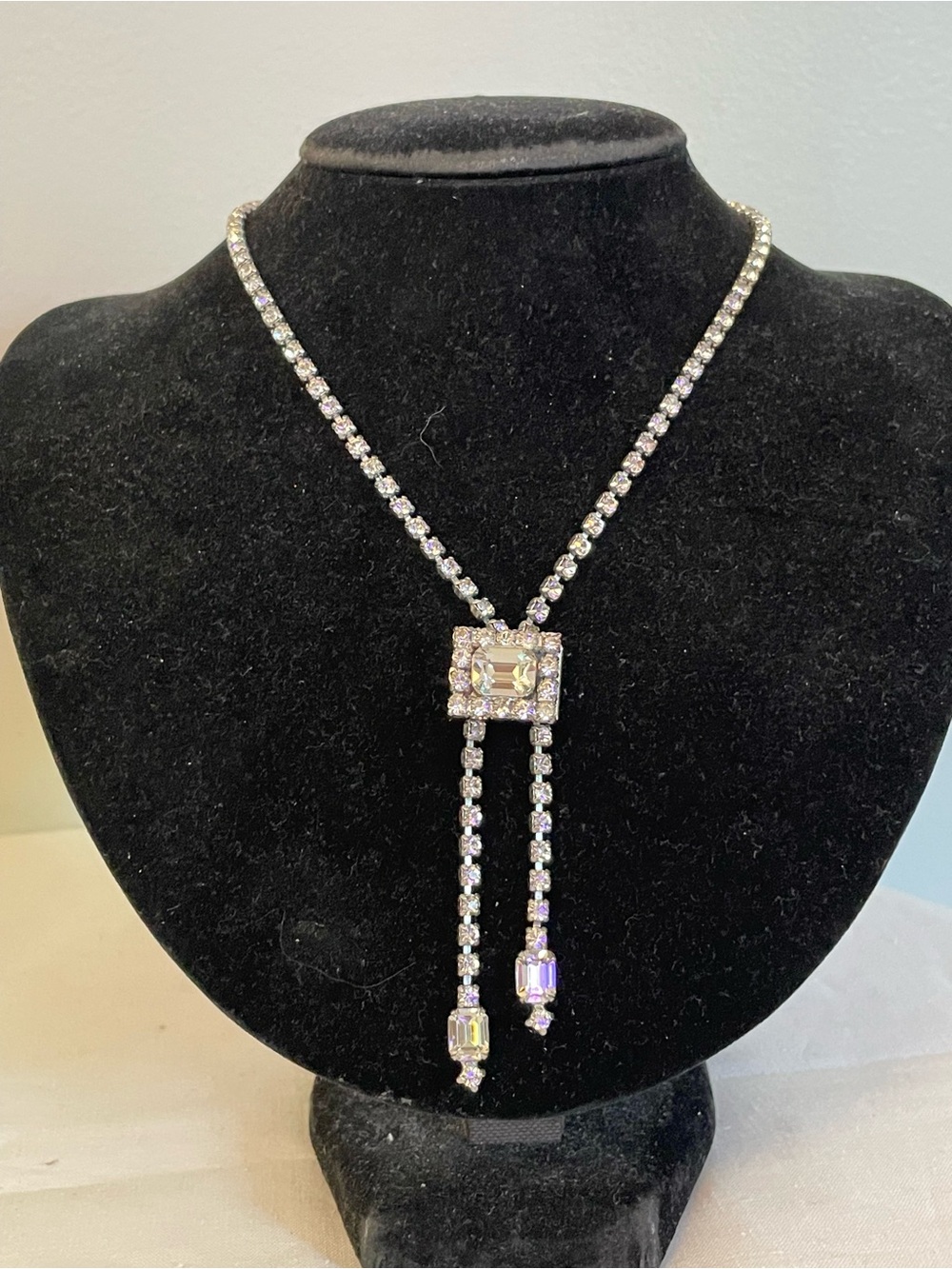 Vtg 1950s Rhinestone Lariat Y-Necklace Adjustable Pat Pend Sliding Tassel Choker